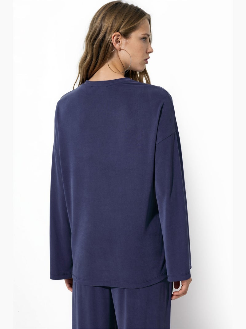 Blouse met lange mouwen, ronde hals en ontspannen pasvorm busem Marineblauw - Kiabi
