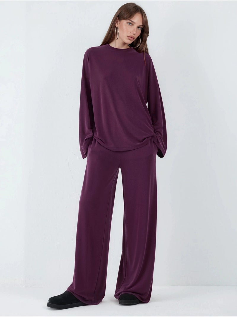 Blouse met lange mouwen, ronde hals en ontspannen pasvorm busem Mauve - Kiabi