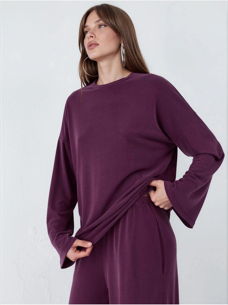 Blouse met lange mouwen, ronde hals en ontspannen pasvorm busem Mauve - Kiabi