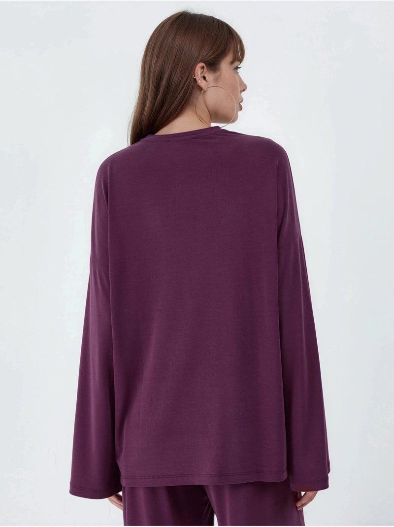 Blouse met lange mouwen, ronde hals en ontspannen pasvorm busem Mauve - Kiabi