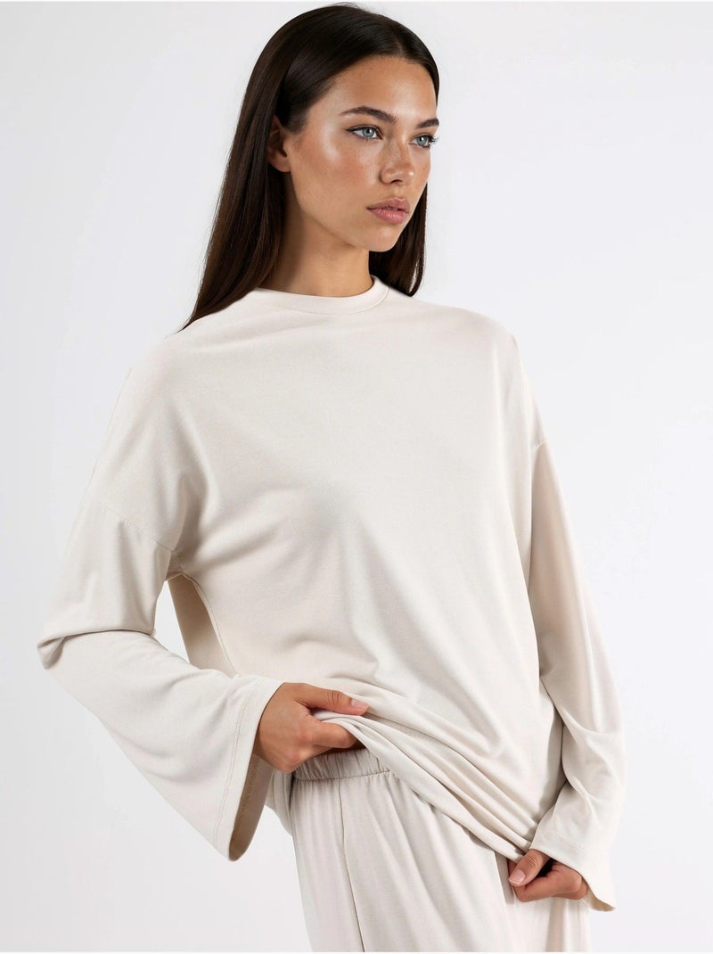 Blouse met lange mouwen, ronde hals en ontspannen pasvorm busem Zand - Kiabi