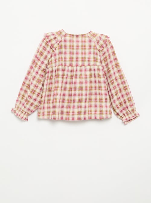 Blouse met lange mouwen van katoenen gaasstof met ruches - Kiabi