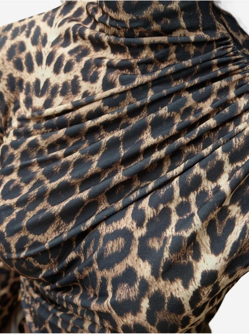 Blouse met luipaardprint en halve col hiccup Lichtbruin - Kiabi