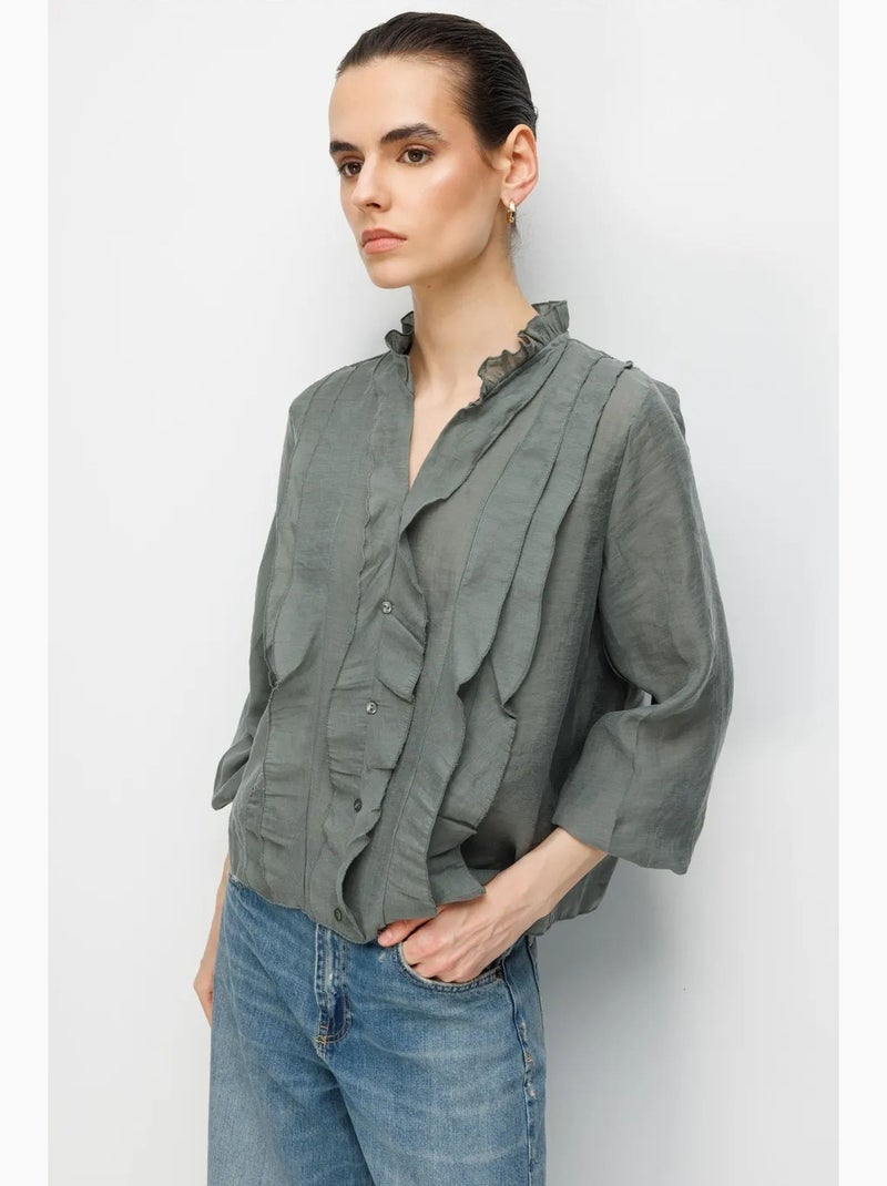 Blouse met mao-kraag en ruches mixray Kaki - Kiabi