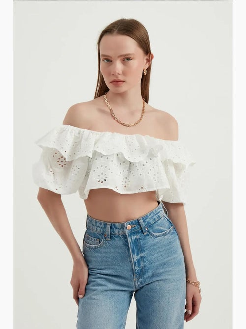 Blouse met open schouders, structuur, ruches en ballonmouwen hiccup - Kiabi