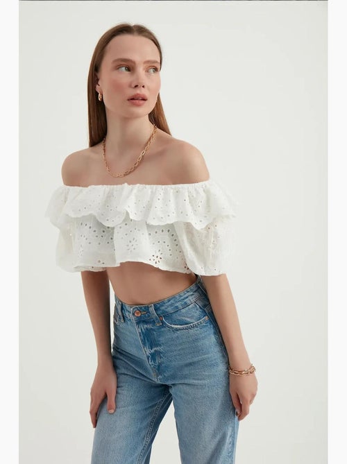 Blouse met open schouders, structuur, ruches en ballonmouwen hiccup - Kiabi