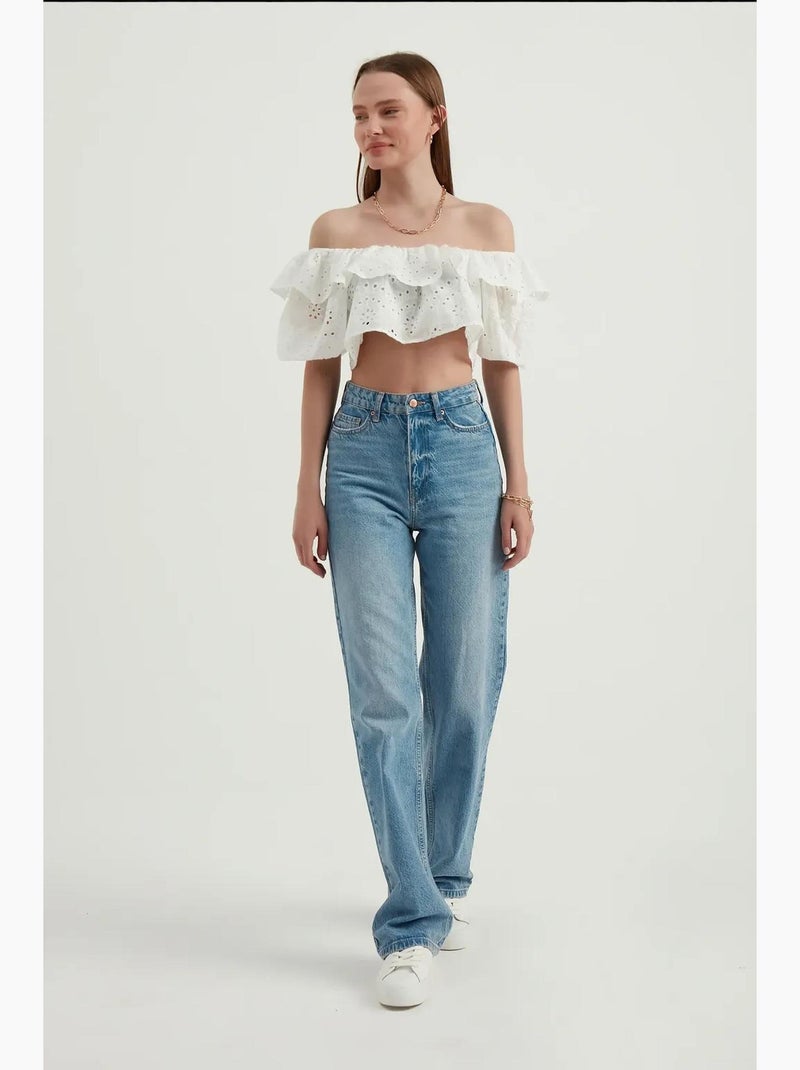 Blouse met open schouders, structuur, ruches en ballonmouwen hiccup Wit - Kiabi