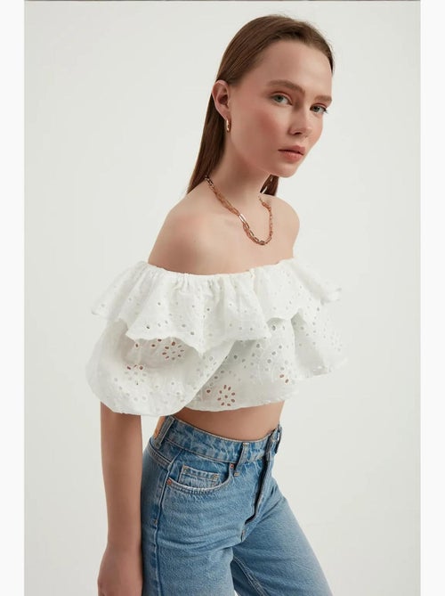 Blouse met open schouders, structuur, ruches en ballonmouwen hiccup - Kiabi