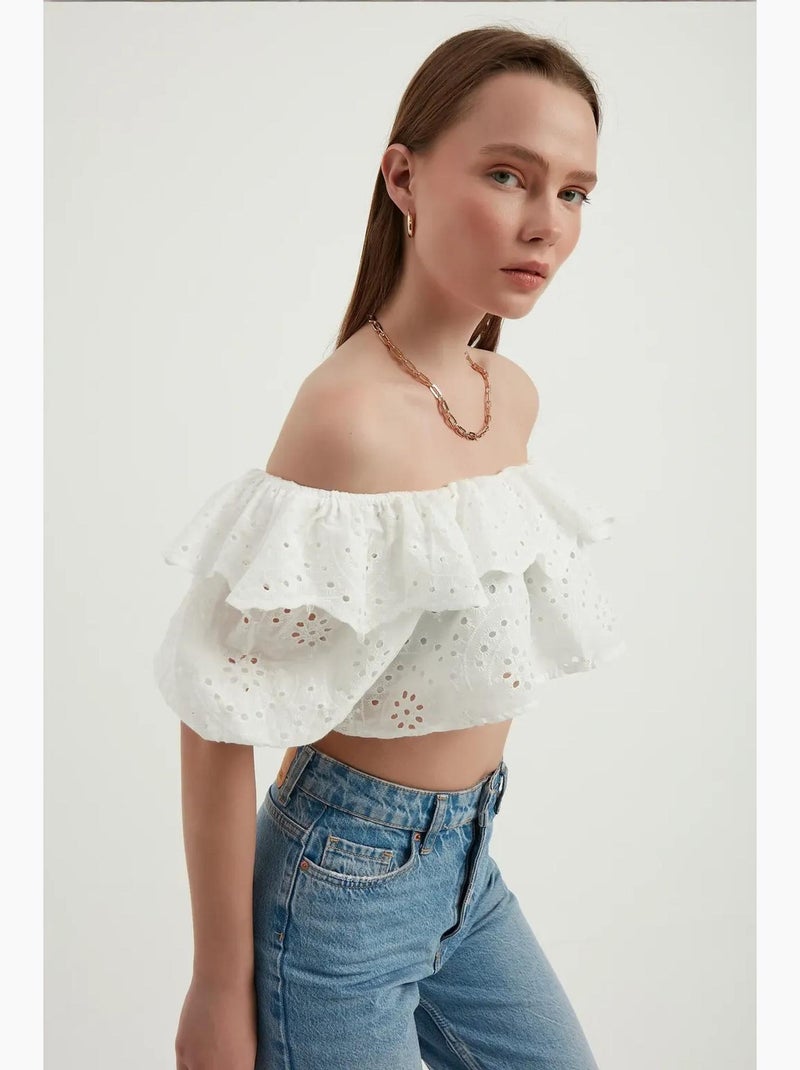 Blouse met open schouders, structuur, ruches en ballonmouwen hiccup Wit - Kiabi