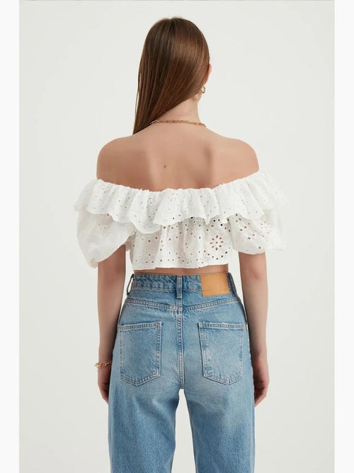 Blouse met open schouders, structuur, ruches en ballonmouwen hiccup - Kiabi