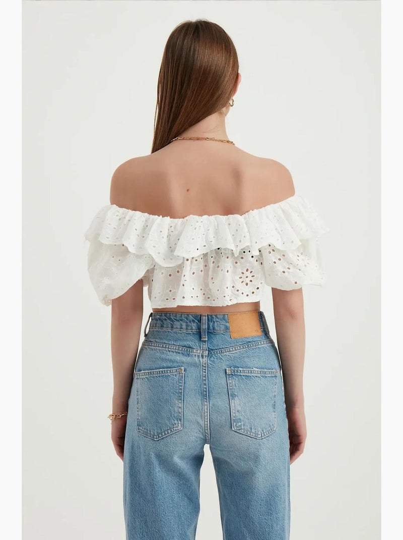 Blouse met open schouders, structuur, ruches en ballonmouwen hiccup Wit - Kiabi