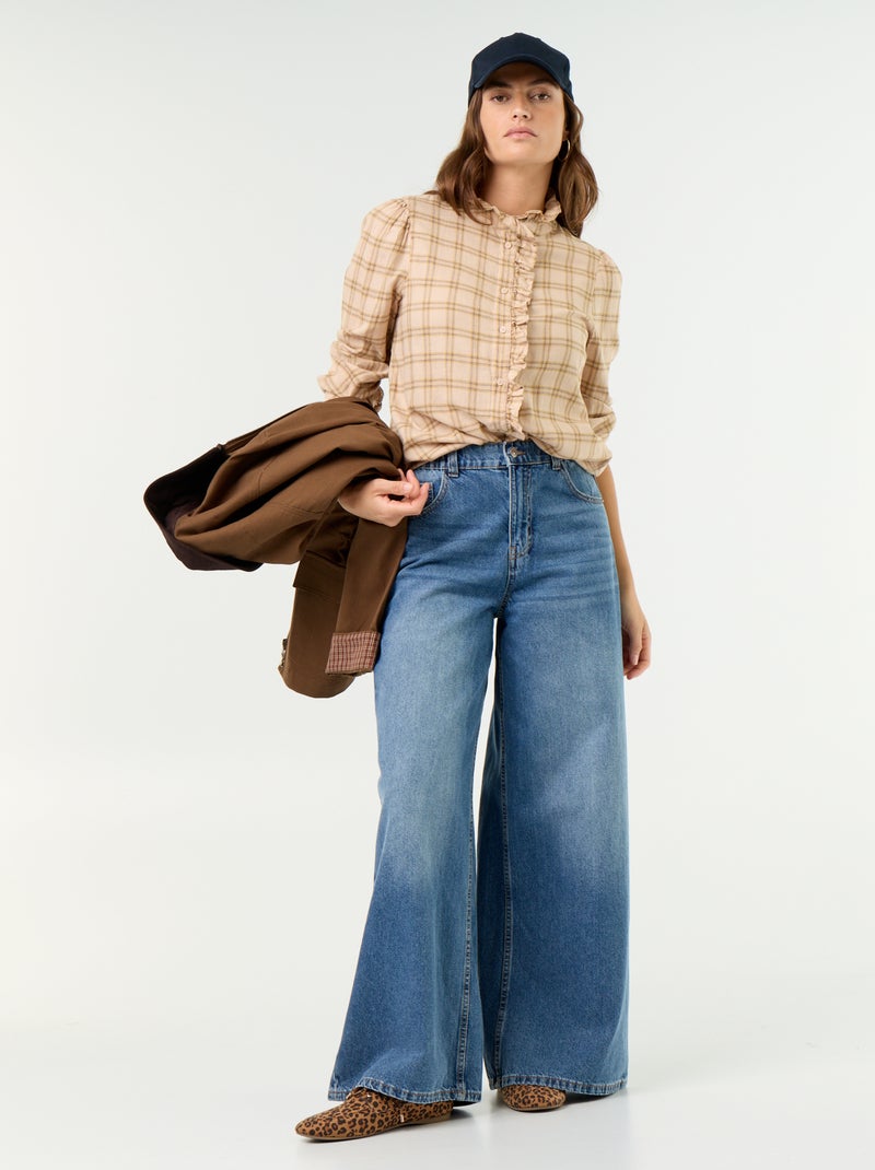 Blouse met opstaande kraag en ruches Biege - Kiabi