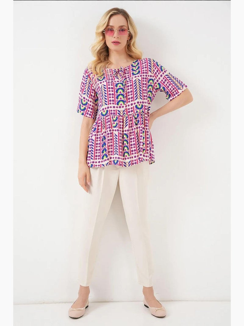 Blouse met patroon, ronde hals en strikdetail bdart Magenta - Kiabi