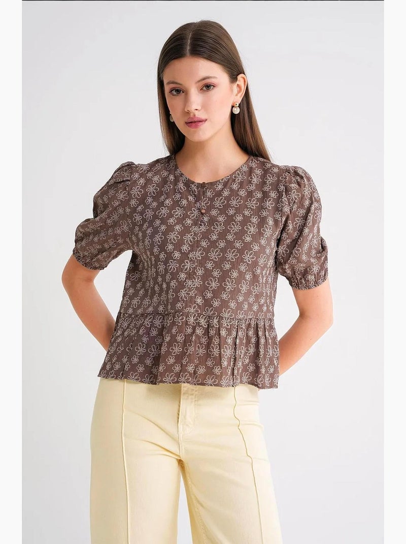 Blouse met ronde hals en ruches mixray Lichtbruin - Kiabi