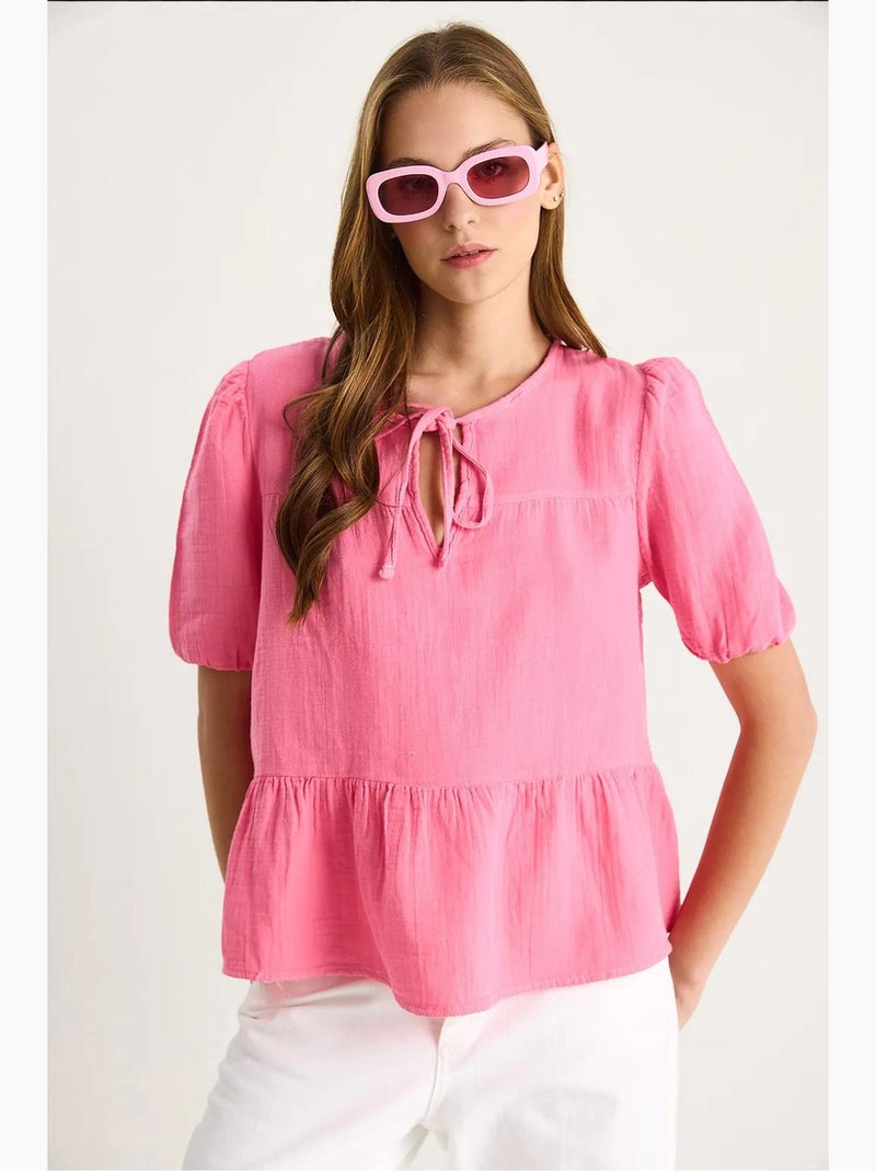 Blouse met ronde hals en strikdetail lucci Roze - Kiabi