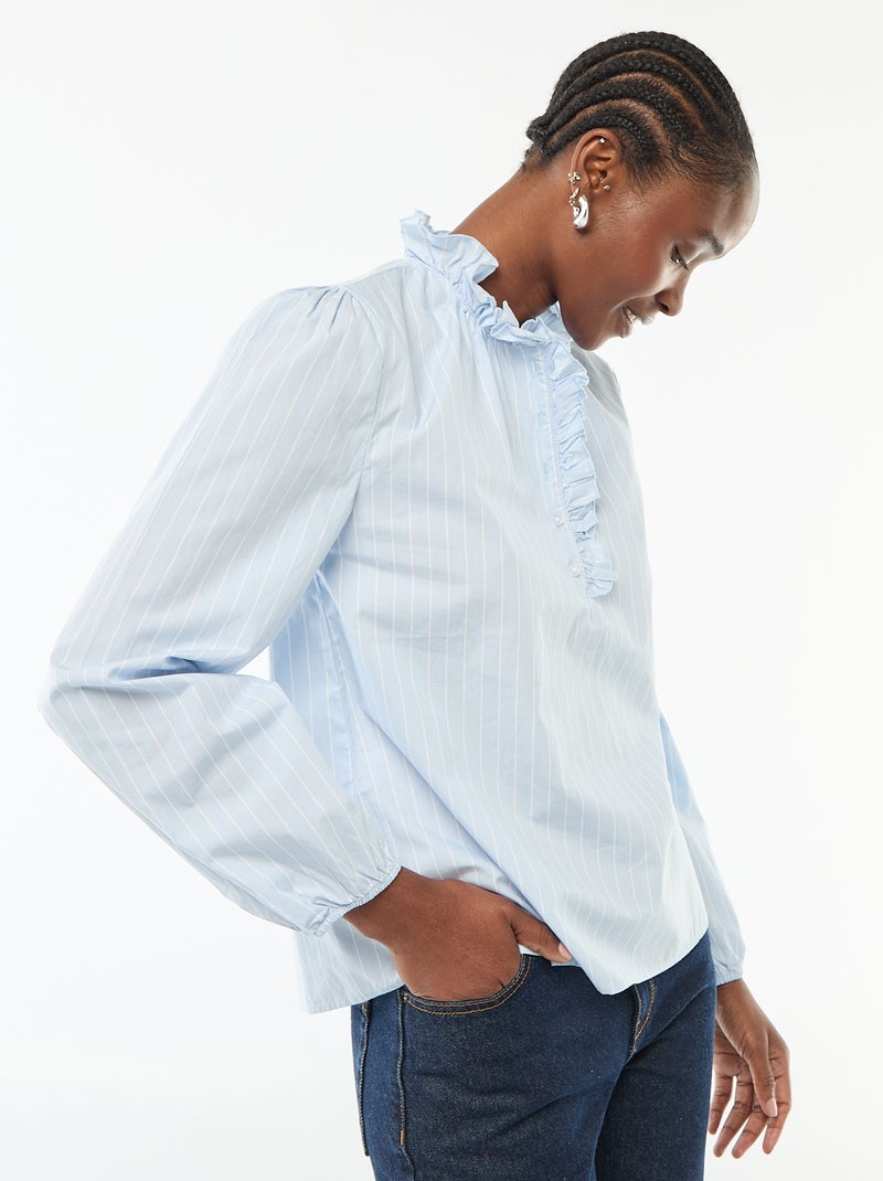 Blouse met ruches aan de kraag en de sluiting Blauw - Kiabi