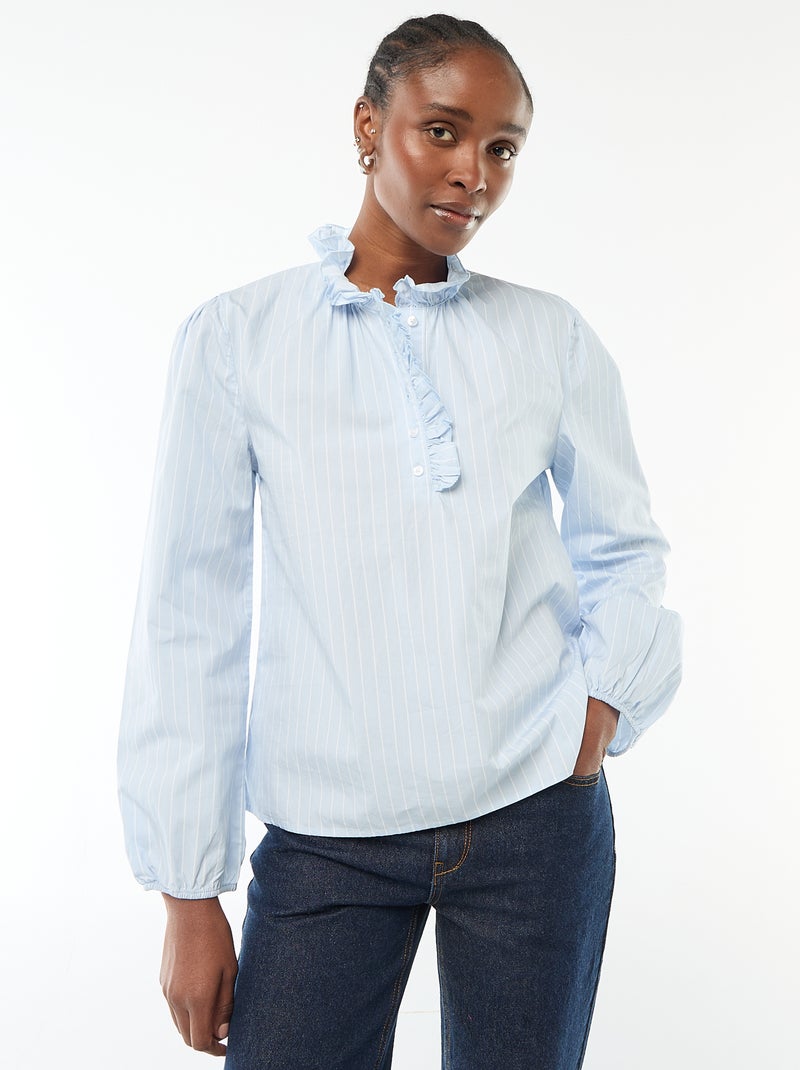 Blouse met ruches aan de kraag en de sluiting Blauw - Kiabi