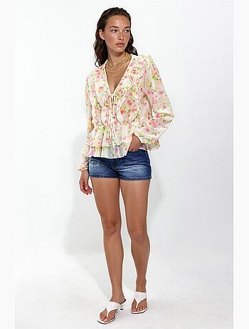 Blouse met ruches, V-hals en patroon