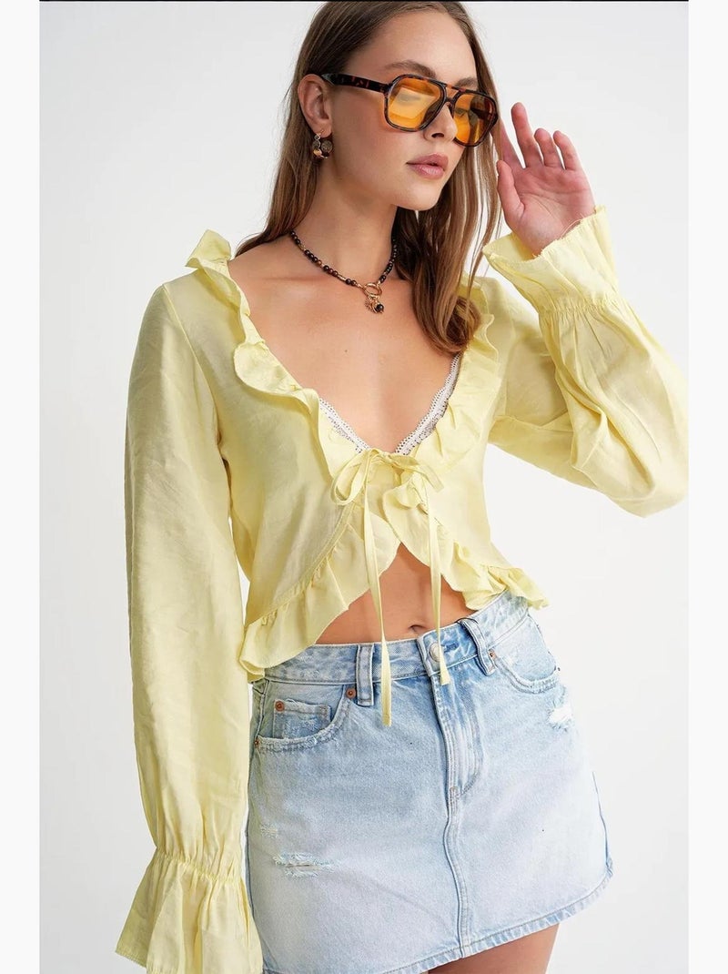 Blouse met ruches v-hals lange mouwen mixray Citroengeel - Kiabi