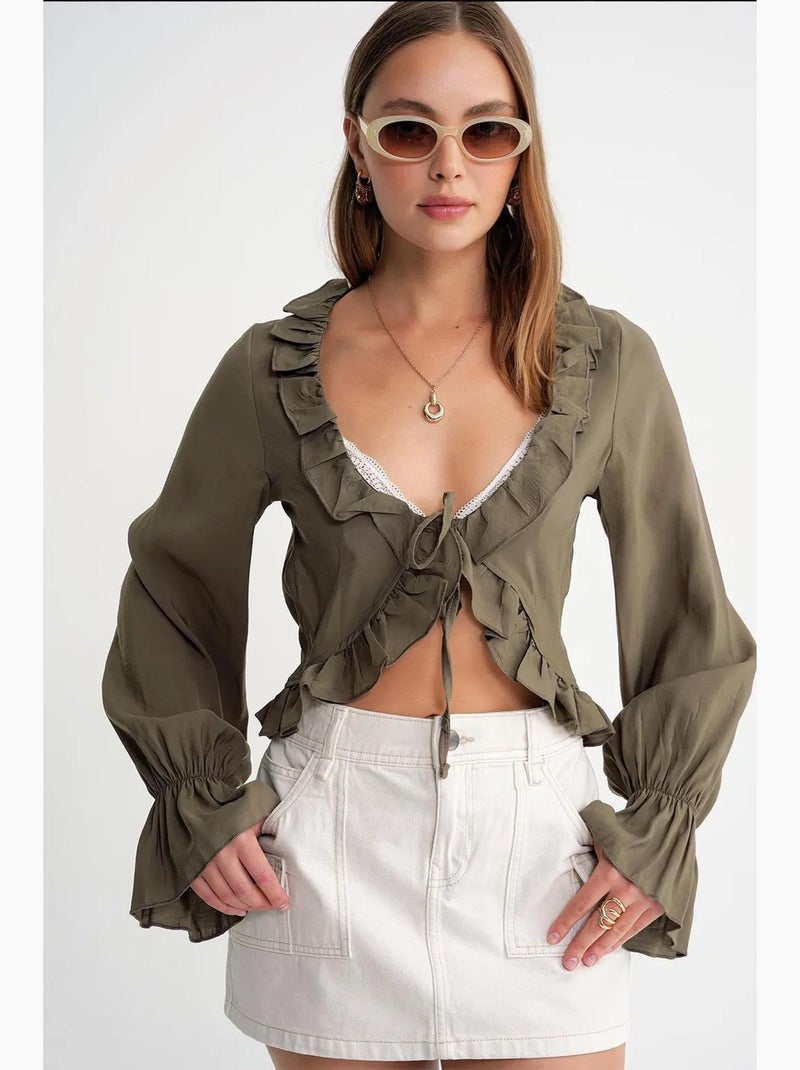 Blouse met ruches v-hals lange mouwen mixray Kaki - Kiabi