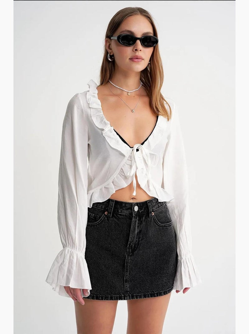 Blouse met ruches v-hals lange mouwen mixray Wit - Kiabi