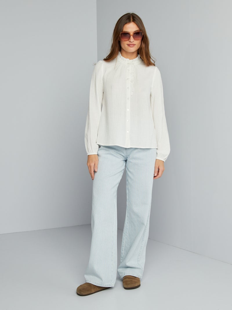 Blouse met ruches, van zachte, luchtige katoen WIT - Kiabi