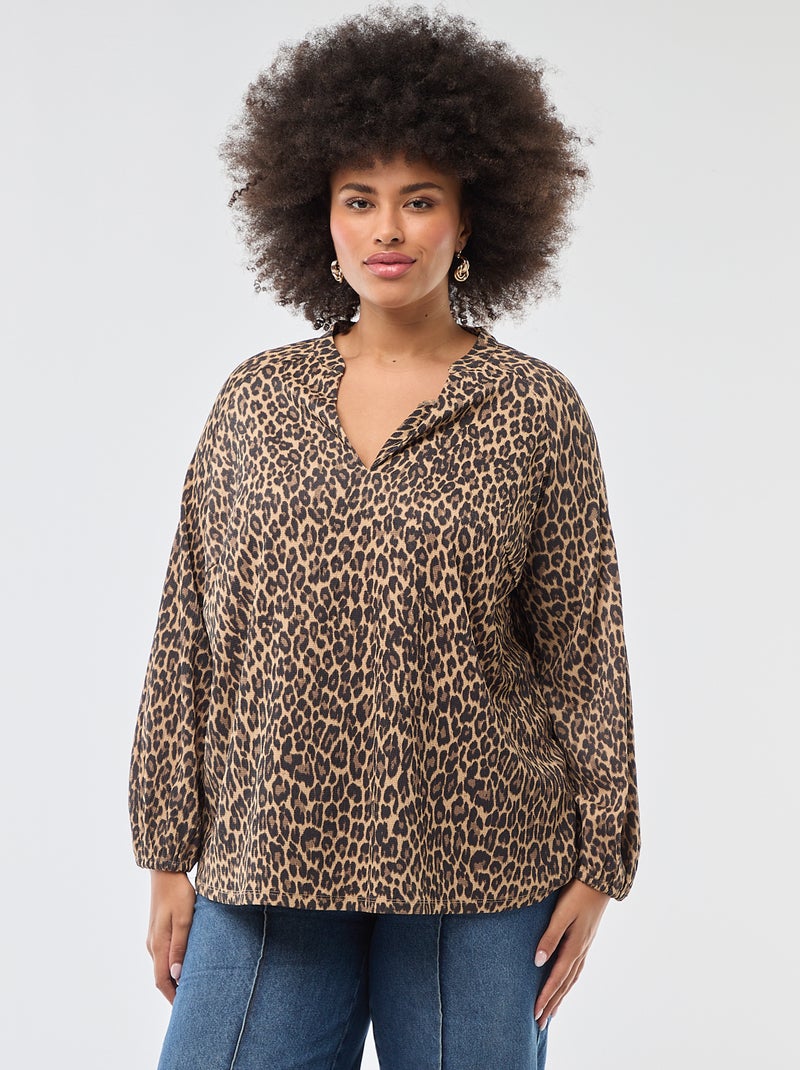 Blouse met V-hals en all-over motiefje Biege - Kiabi