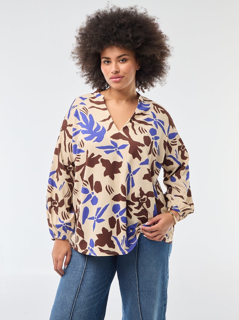 Blouse met V-hals en all-over motiefje Biege - Kiabi