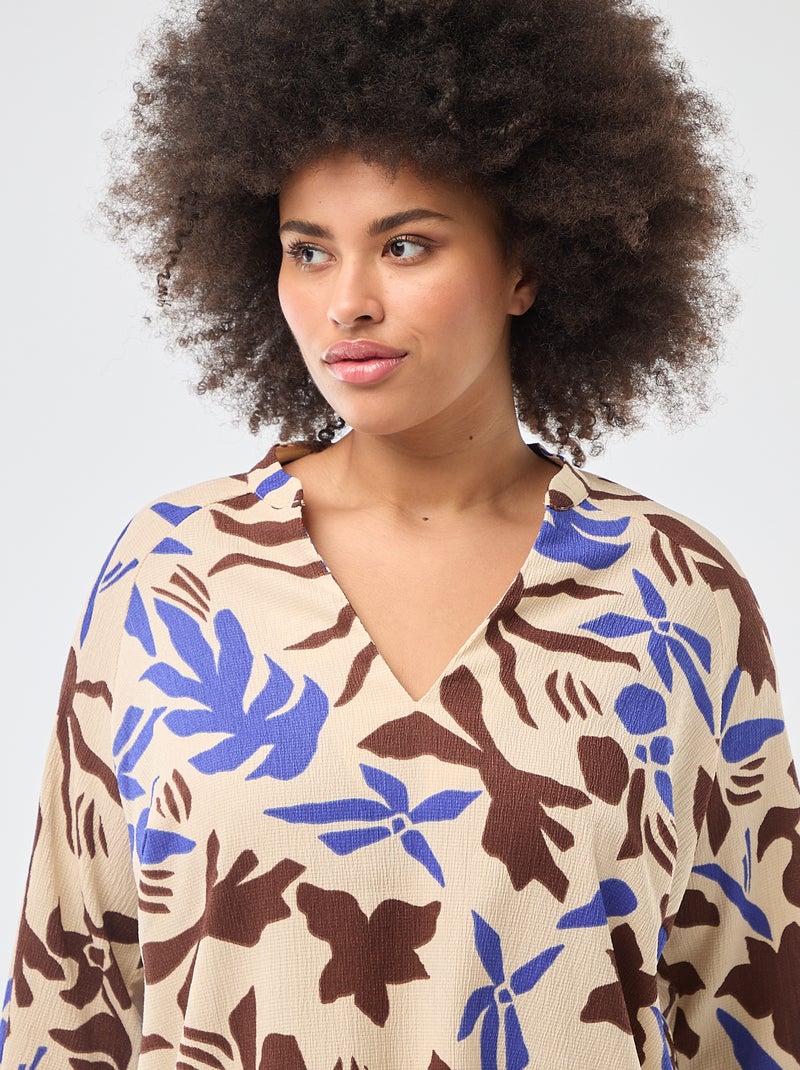 Blouse met V-hals en all-over motiefje Biege - Kiabi