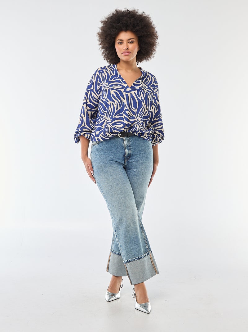 Blouse met V-hals en all-over motiefje Blauw - Kiabi