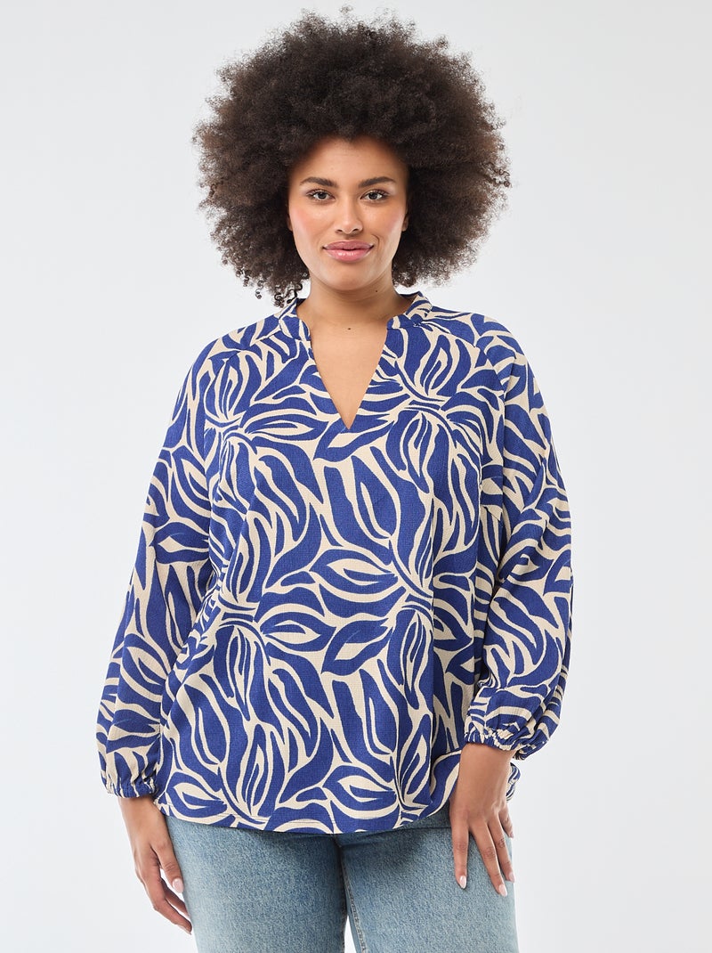 Blouse met V-hals en all-over motiefje Blauw - Kiabi