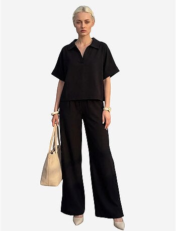 Blouse met v-hals en korte mouwen & broek met wijde pijpen tweedelige set my fashion