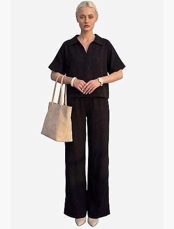 Blouse met v-hals en korte mouwen & broek met wijde pijpen tweedelige set my fashion