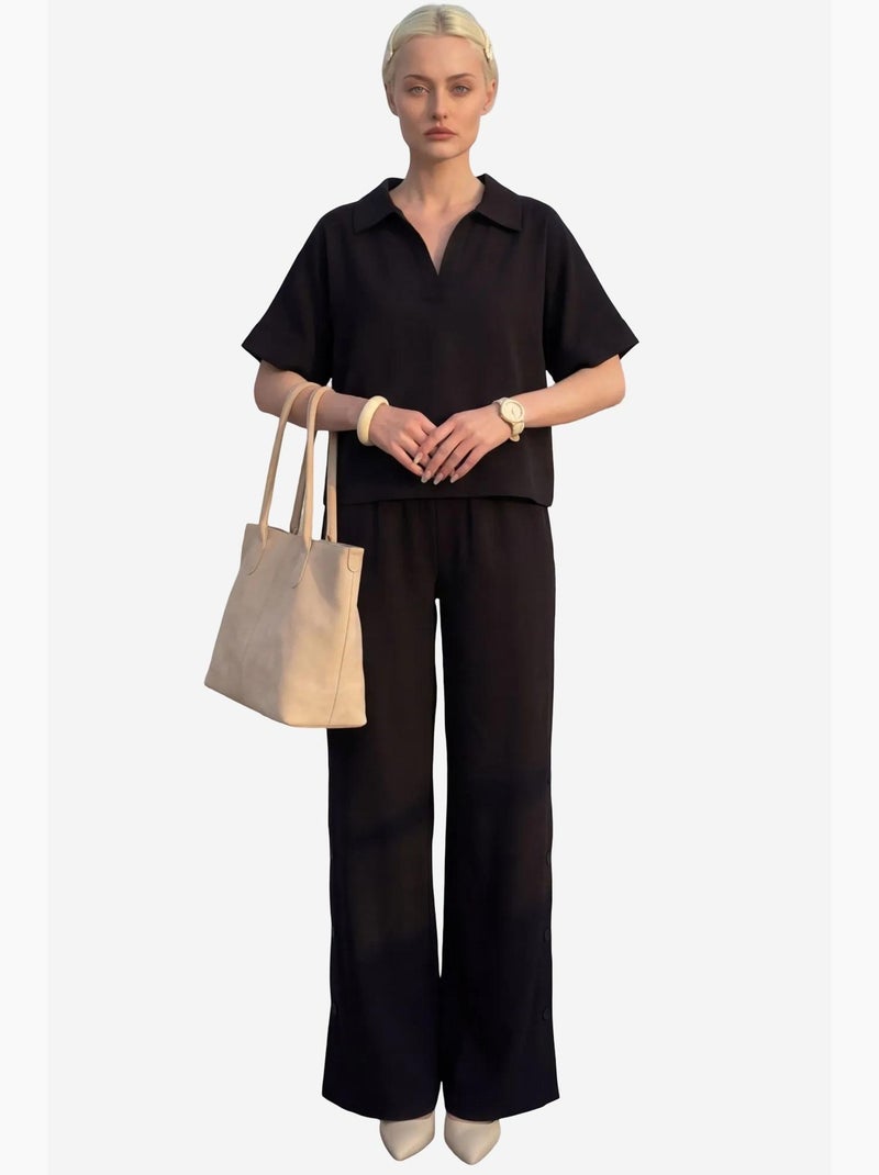 Blouse met v-hals en korte mouwen & broek met wijde pijpen tweedelige set my fashion Zwart - Kiabi