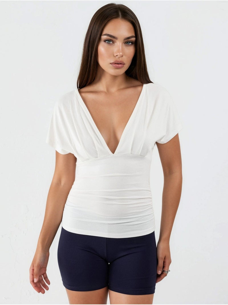Blouse met v-hals en strikdetail busem Wit - Kiabi