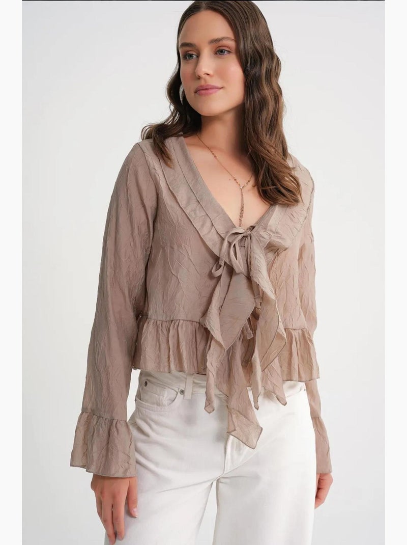 Blouse met v-hals, ruches en strikdetail mixray Taupe - Kiabi