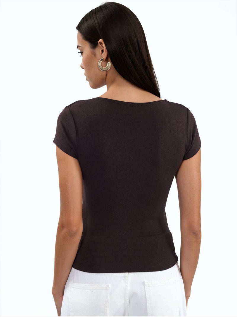 Blouse met v-hals van modal-katoenmengeling busem Chocoladebruin - Kiabi