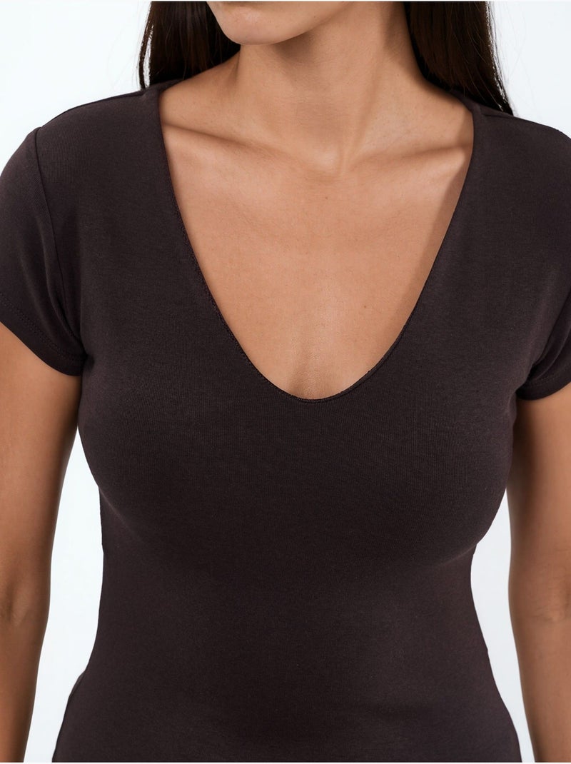 Blouse met v-hals van modal-katoenmengeling busem Chocoladebruin - Kiabi
