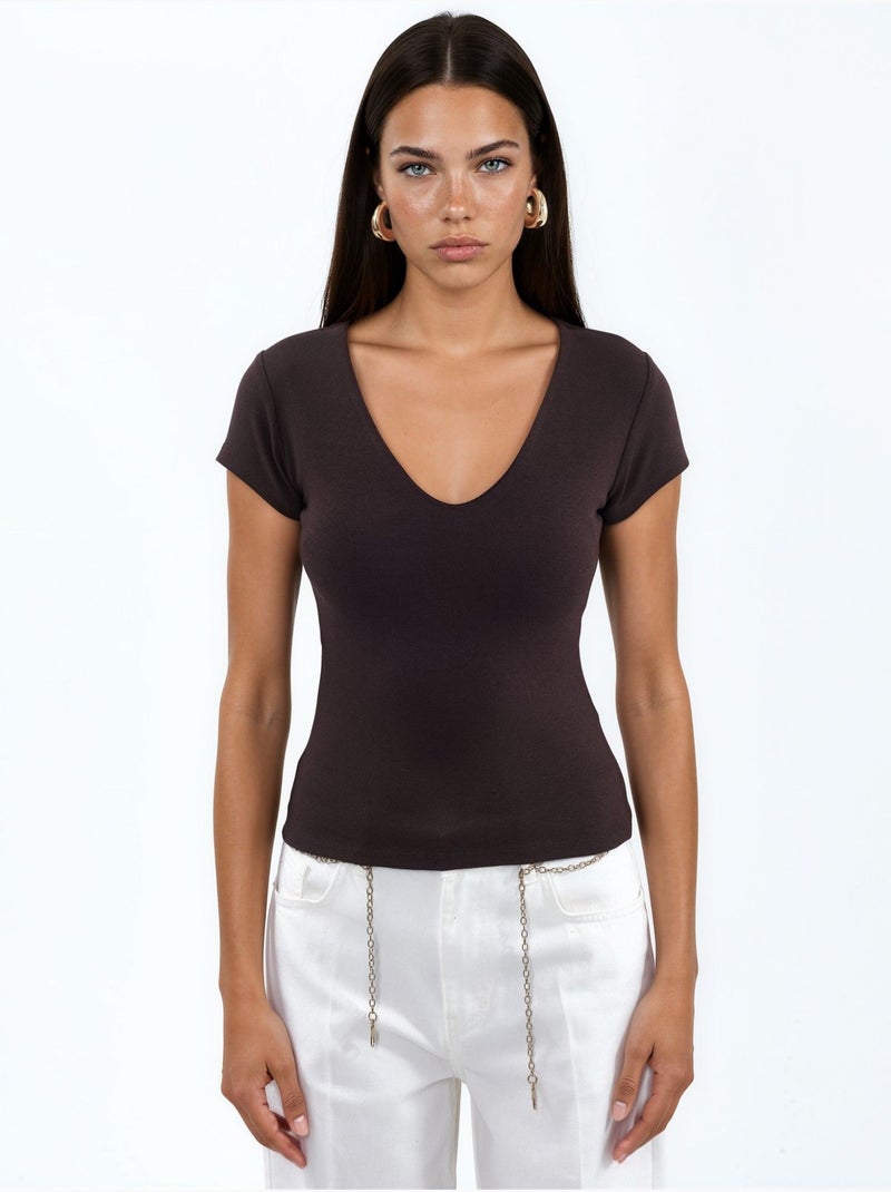 Blouse met v-hals van modal-katoenmengeling busem Chocoladebruin - Kiabi