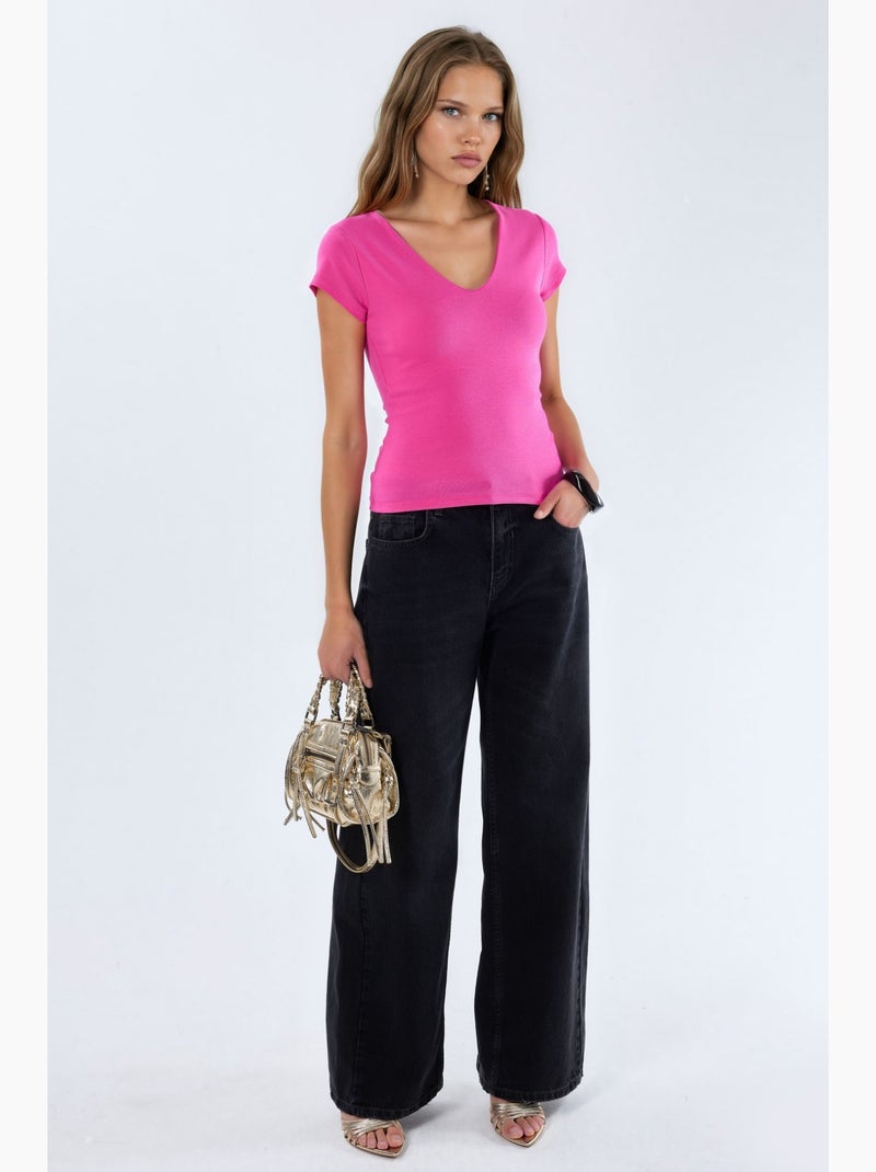 Blouse met v-hals van modal-katoenmengeling busem Fluorroze/Solinotes - Kiabi