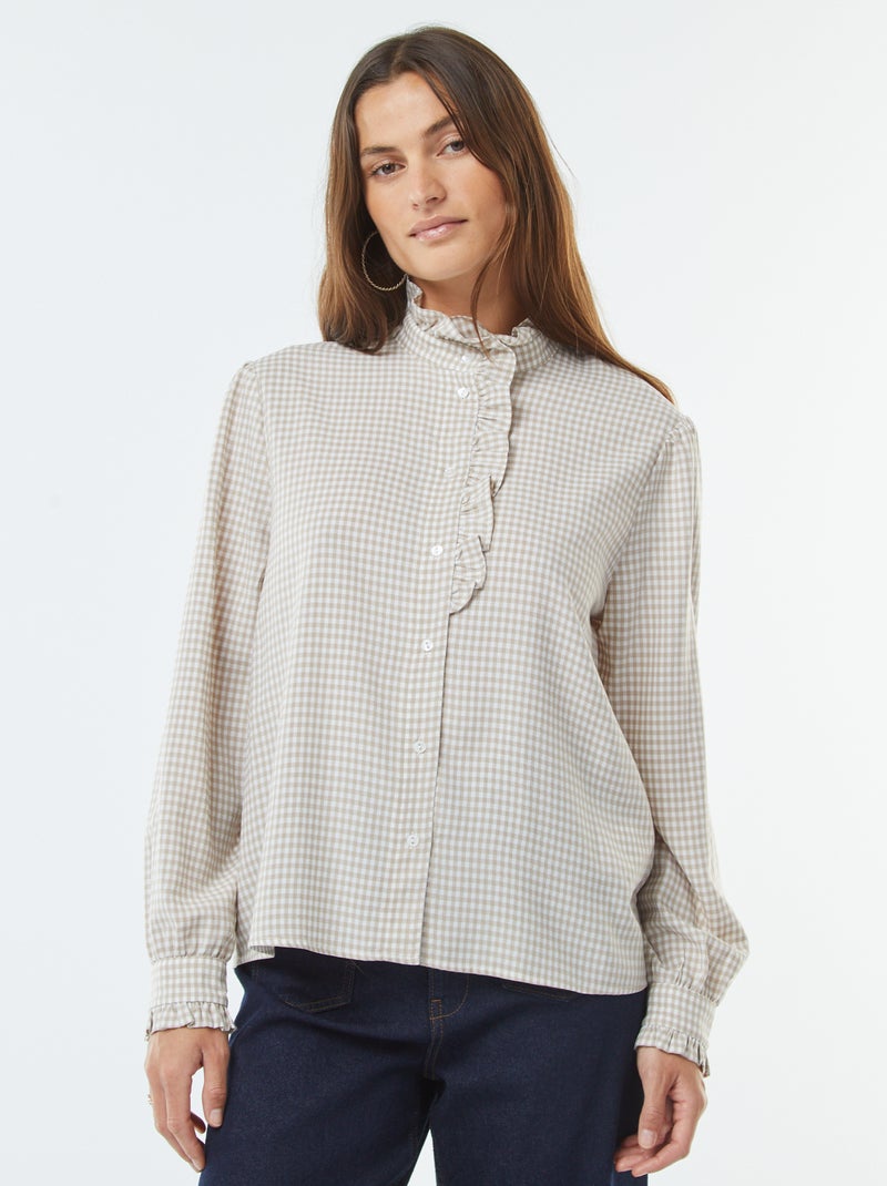 Blouse met vichyruitjes en ruches Biege - Kiabi