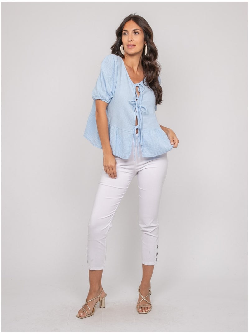Blouse nouée gaze de conton OLERVIE Bleu ciel - Kiabi