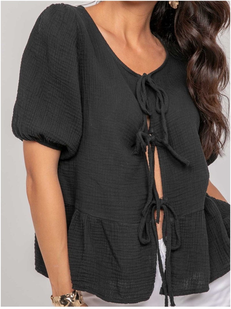Blouse nouée gaze de conton OLERVIE Noir - Kiabi