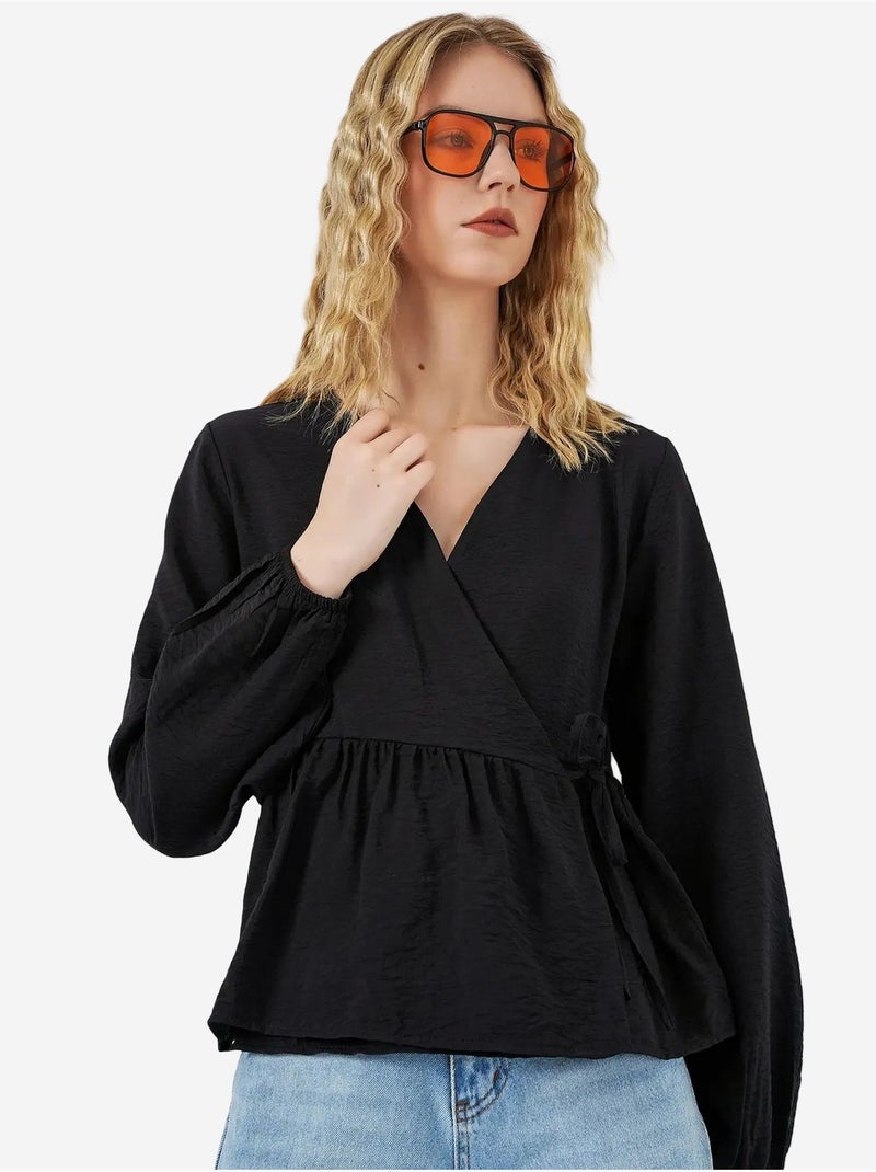 Blouse portefeuille en crêpe à col en v et détail nœud bdart Noir - Kiabi