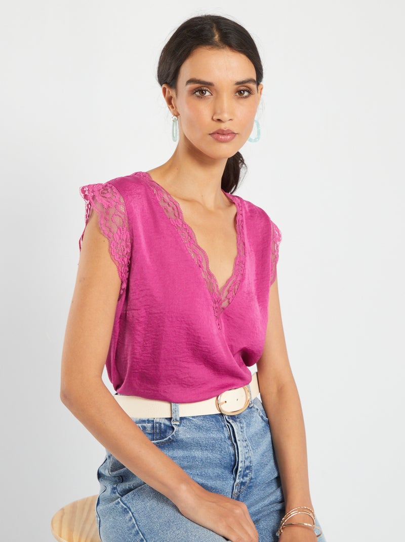 Blouse satinée avec dentelle Fushia - Kiabi