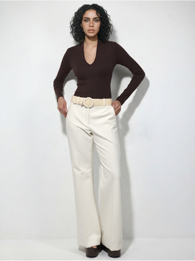 Blouse slim à manches longues avec col en v busem Marron chocolat - Kiabi