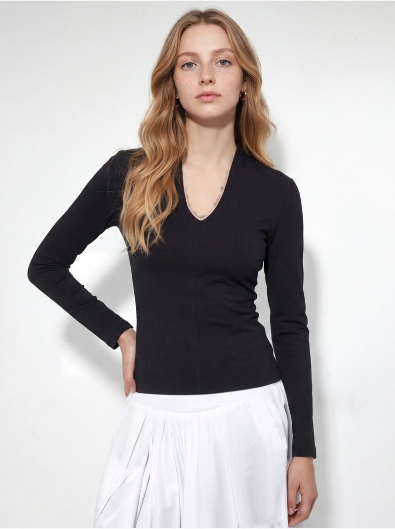 Blouse slim à manches longues avec col en v busem Noir - Kiabi