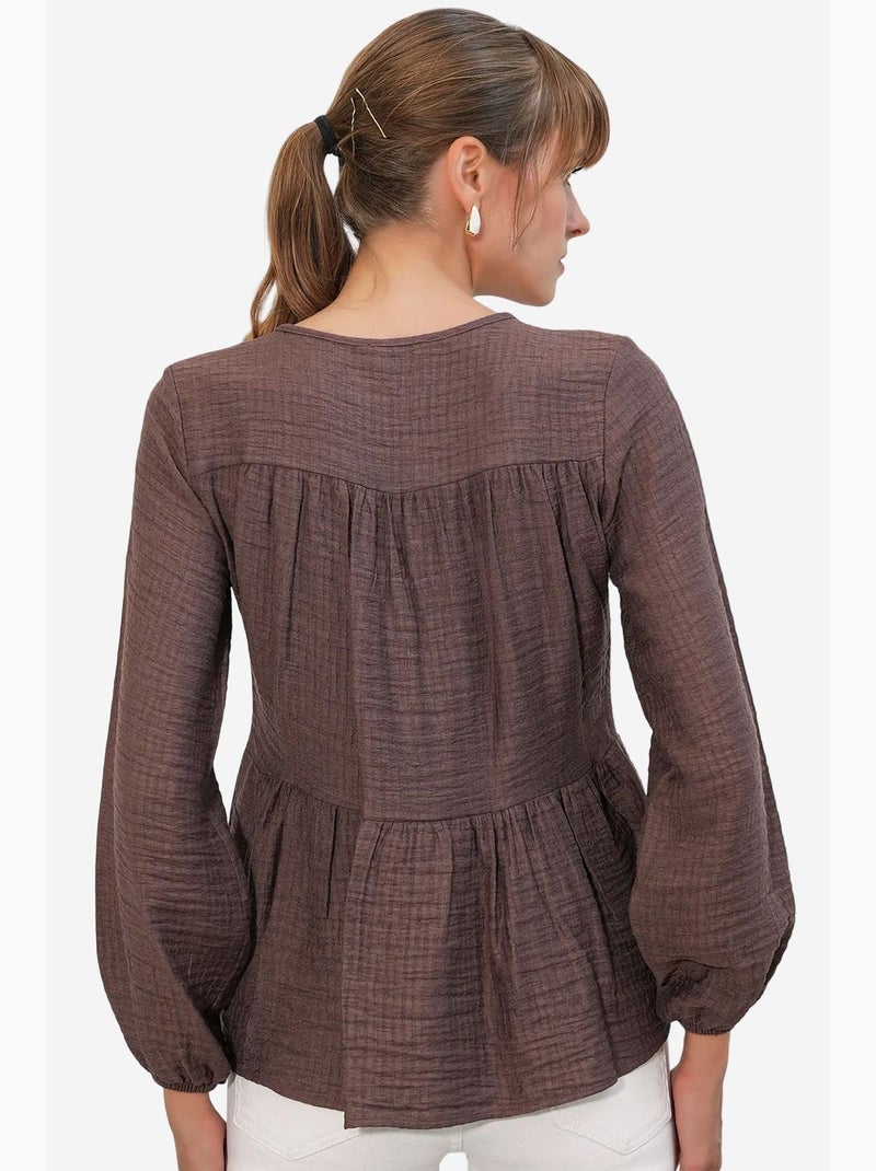 Blouse structuur met knoop voor bdart Donkerbruin - Kiabi