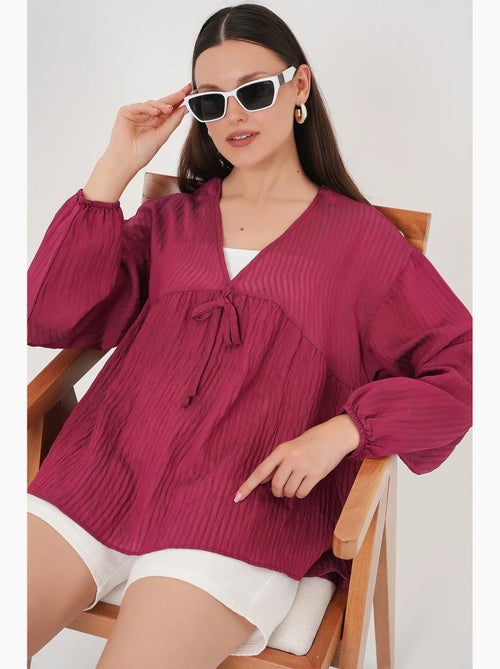 Blouse structuur seersucker v-hals met strik bdart - Kiabi
