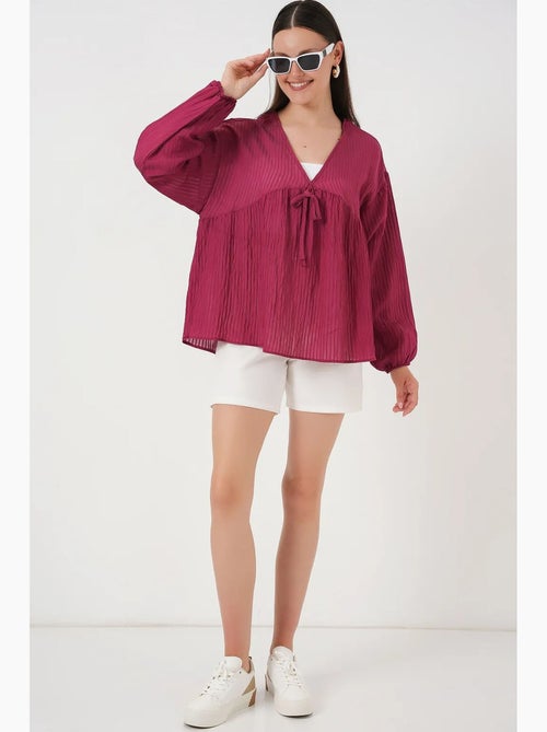 Blouse structuur seersucker v-hals met strik bdart - Kiabi